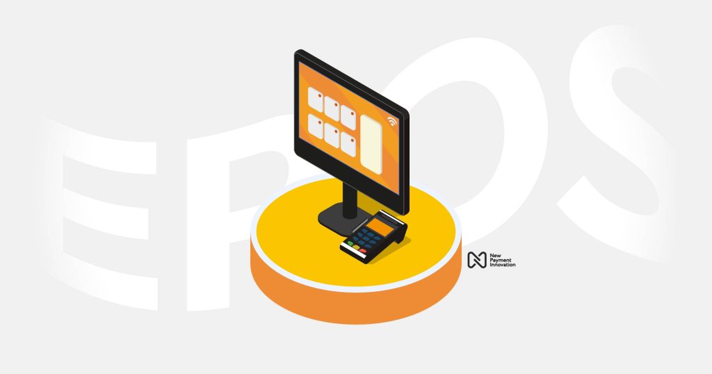 A NPI EPOS graphic that includes a monitor and a card machine on a golden circle. There is a New Payment Innovation logo to the right and the word 'EPOS' in white in the background.