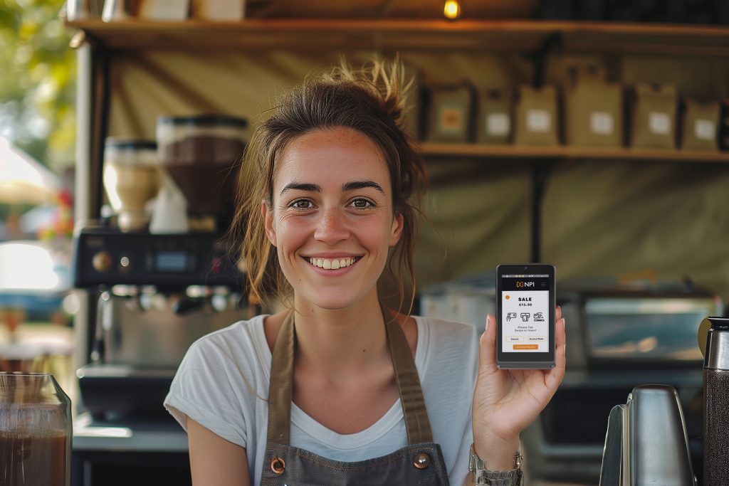 Irish market trader accepting mobile payment from customer with contactless card reader