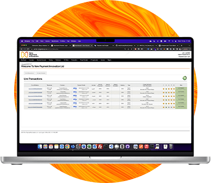 An open Macbook laptop showing some data from New Payments Innovation. There is an orange circle in the background.