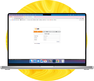 An open Macbook laptop showing some data from New Payments Innovation. There is an yellow circle in the background.