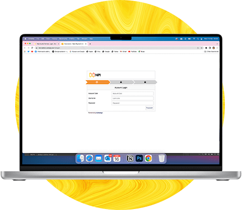 An open Macbook laptop showing some data from New Payments Innovation. There is an yellow circle in the background.