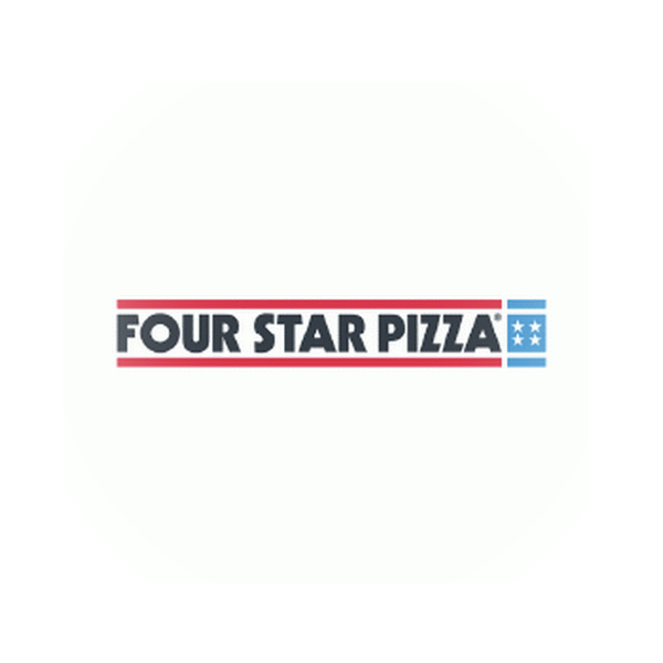 Square logo for Four Star Pizza in red, black and blue.