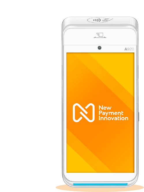 A white touch screen card machine, with a New Payment Innovations background on the screen. In the top left corner there are two white icons that represent messages.