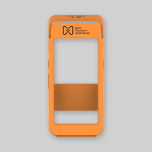 An orange New Payment Innovation branded card machine holder.