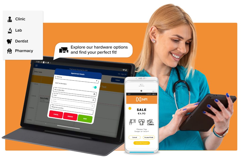 Healthcare Payment Processing solution with nurse using EPOS system and card terminal in Irish medical facility