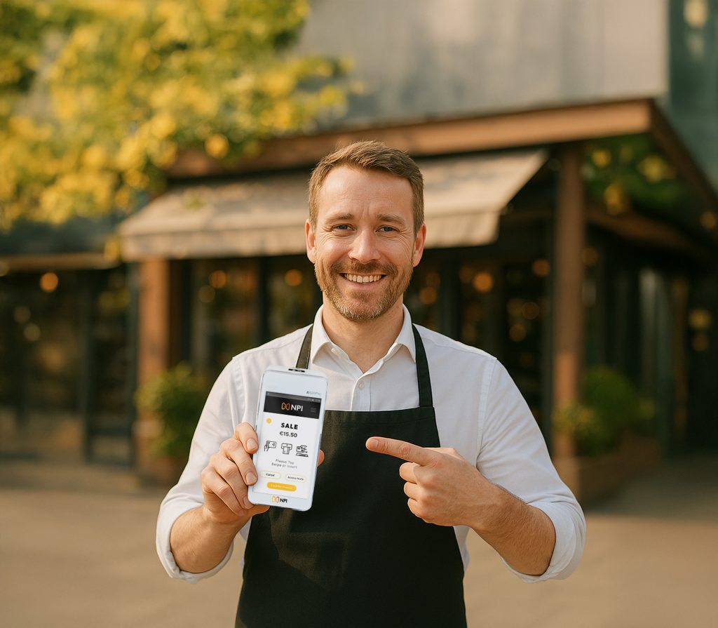 Irish business owner demonstrating card payment trends Ireland 2025 with NPI contactless terminal outside Dublin shop
