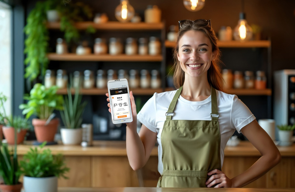 Card machine for small business Ireland - local shop owner demonstrating PAX A920 PRO payment terminal