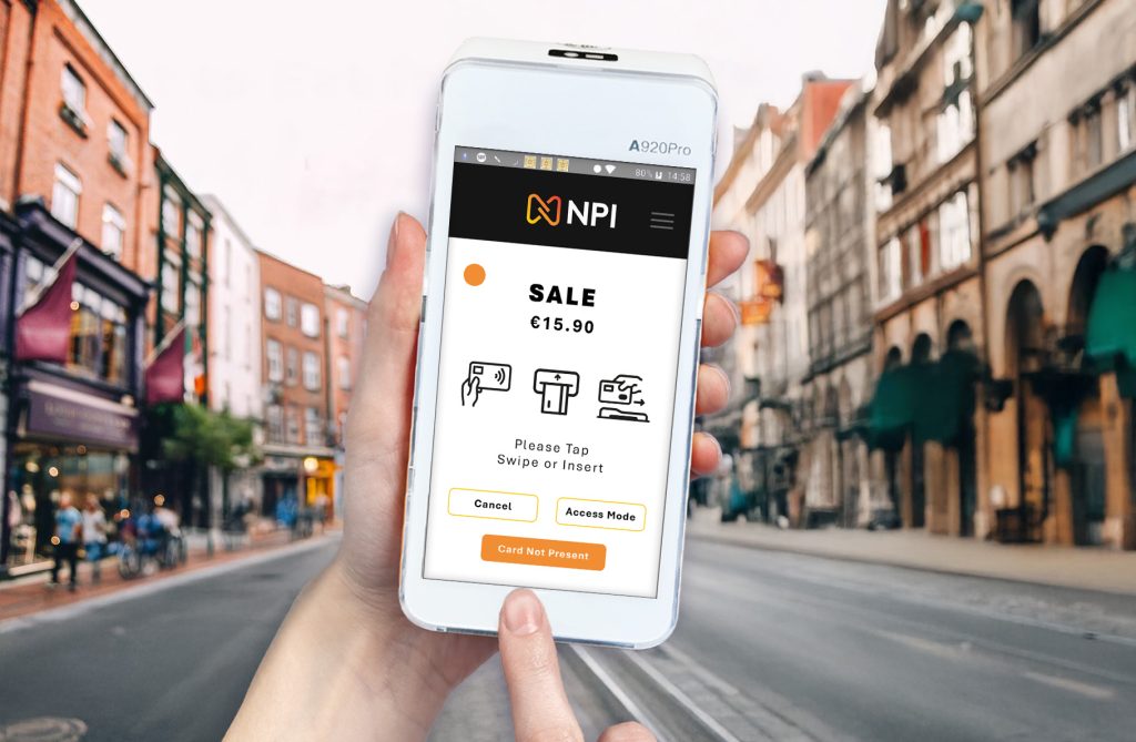 Retail payment systems Ireland - PAX A920 PRO terminal used by merchant on Dublin shopping street