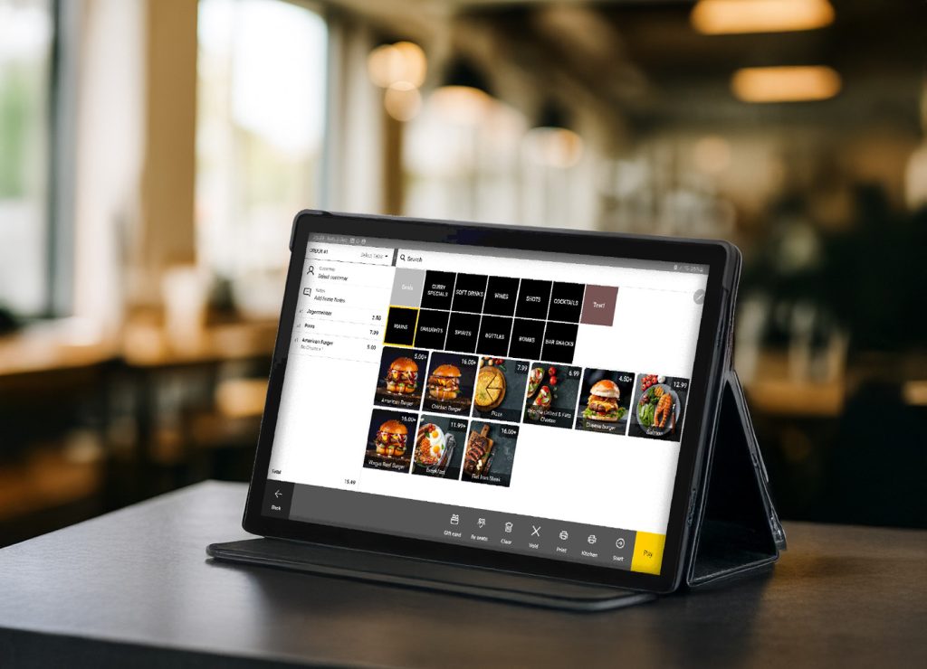 Samsung Tablet A9 EPOS system processing orders in busy burger shop with staff using mobile point of sale terminal