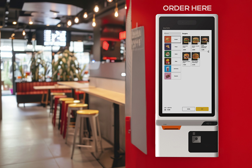 SUNMI K2 EPOS handheld system being used by staff in fast food restaurant for mobile order processing and payments