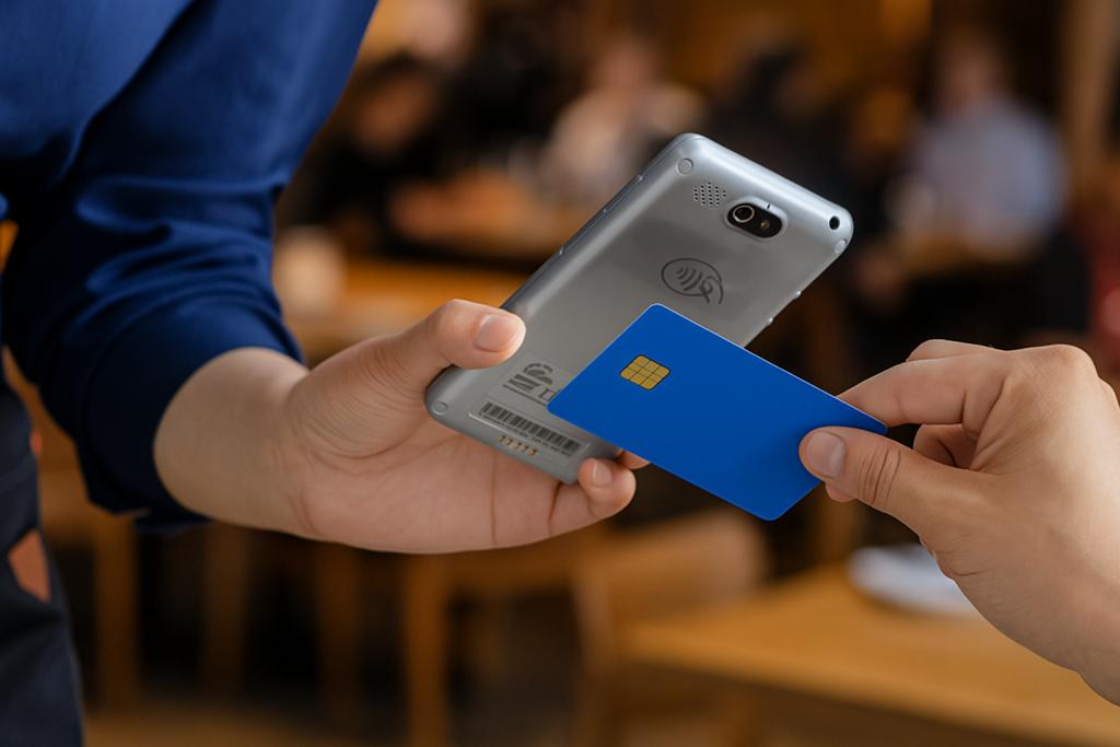 person making contactless payment PAX A50 terminal demonstrating chargebacks Ireland prevention through secure payment disputes Ireland reduction and chargeback prevention Ireland technology
