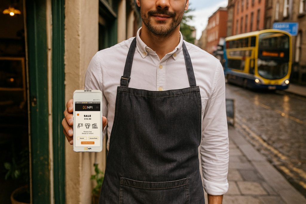 Guaranteed Irish merchant service provider waiter holding PAX A920 PRO card machine on Dublin street background