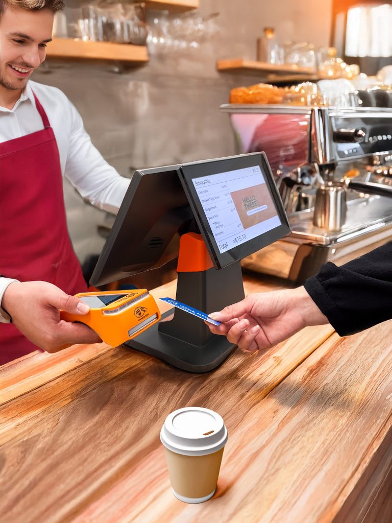 Person making contactless payment using PAX A920 PRO card machine rental Ireland