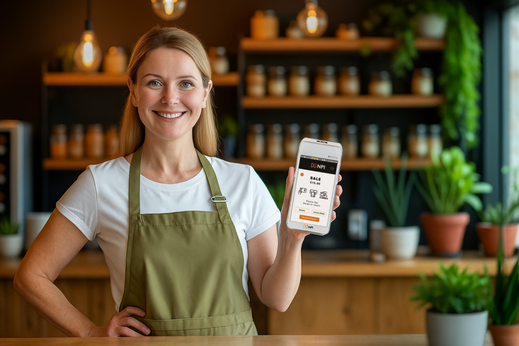 female small greenhouse business owner holding PAX A920 PRO demonstrating high-risk merchant account Ireland solutions and specialized payment processing Ireland for agricultural businesses