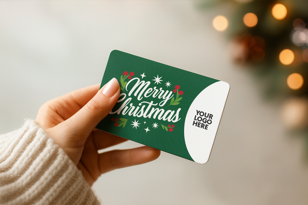 Woman holding NPI card machine for gift card payments in retail business