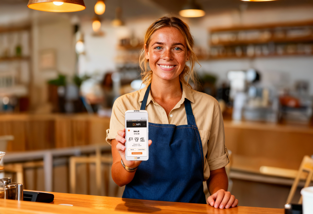 Female waiter using PAX A920 PRO card terminal payment provider Ireland restaurant