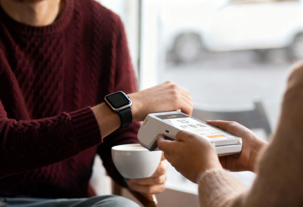 Customer making contactless payment with smartwatch on PAX A920 PRO terminal demonstrating digital wallet adoption Ireland