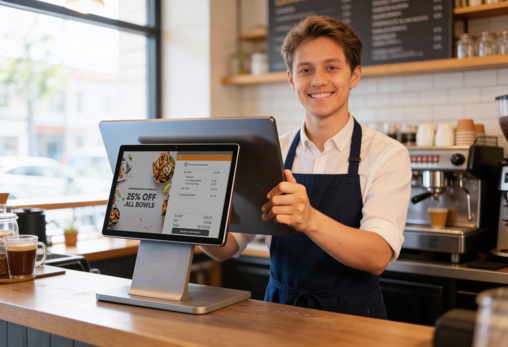 Waiter processing a card payment using NPI EPOS solutions Ireland double screen till system