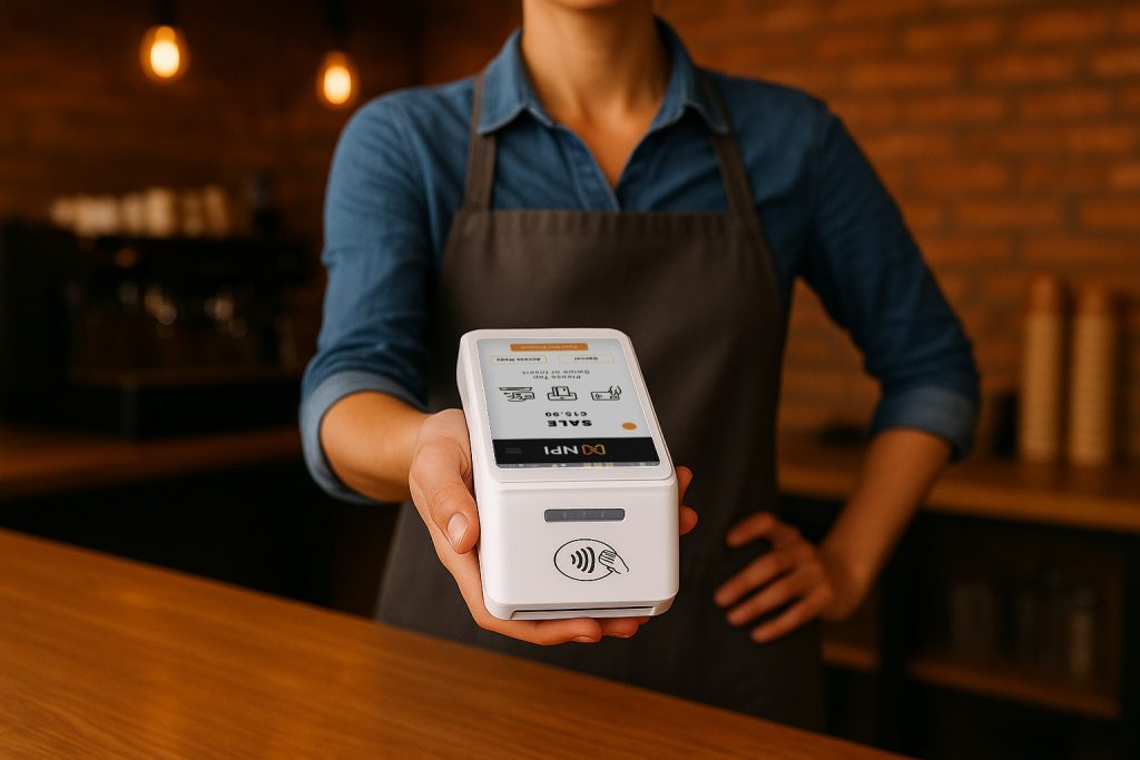 Multi-location businesses Ireland Waiter holding a PAX A920 PRO card terminal while serving customers in an Irish restaurant