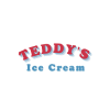 A square image of Teddy's Ice Cream in red and blue. The word 'Teddy' is in red and is slightly curved downwards, with the words 'Ice Cream' being in blue.